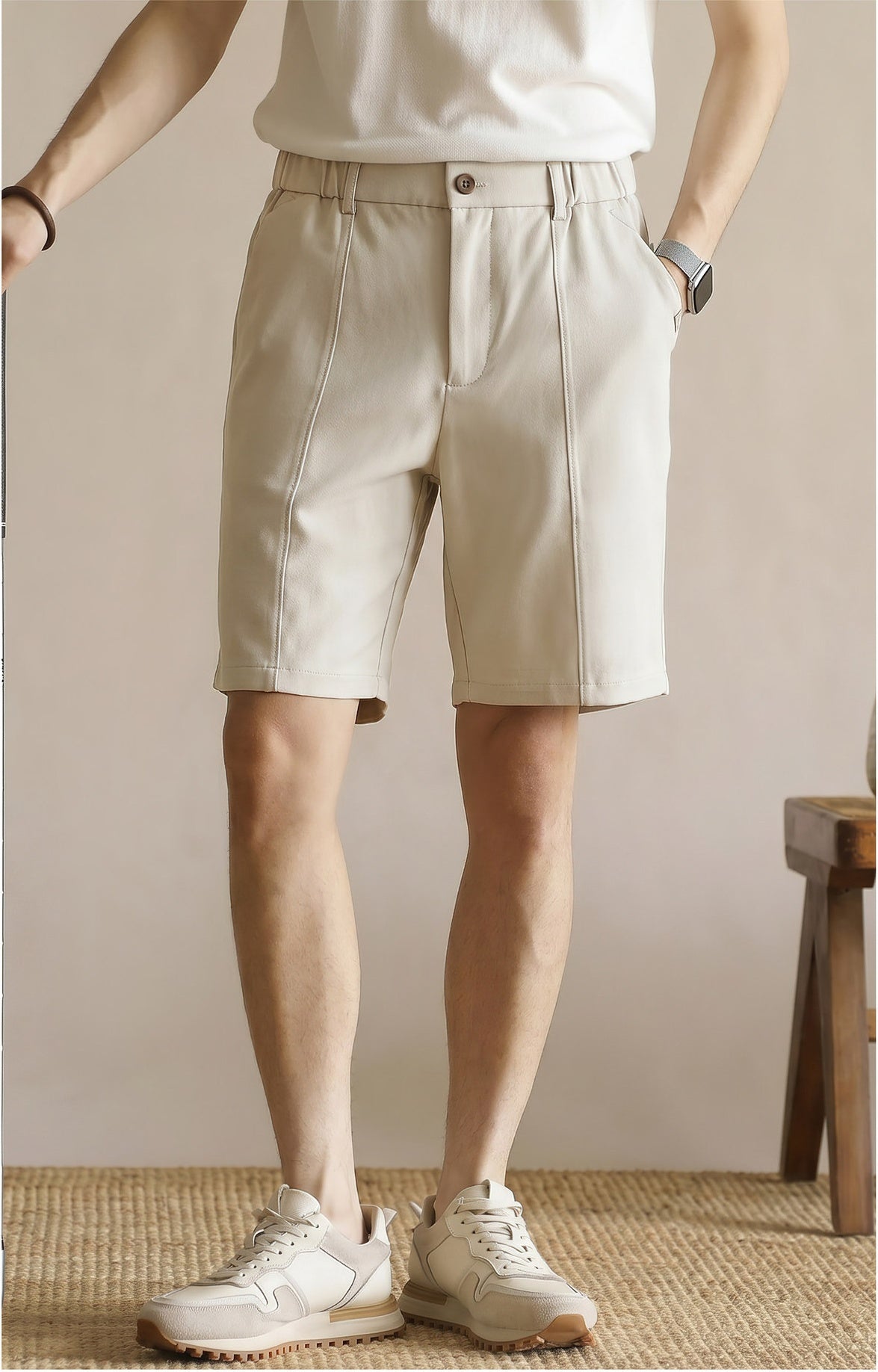 Men's Summer Japanese Style Cooling Casual Shorts - Knee-length with Half-Elastic Waist - APRICOT