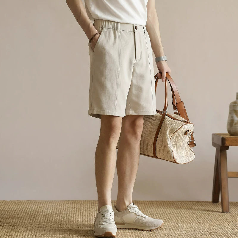 Men's Summer Japanese Style Cooling Casual Shorts - Knee-length with Half-Elastic Waist - APRICOT