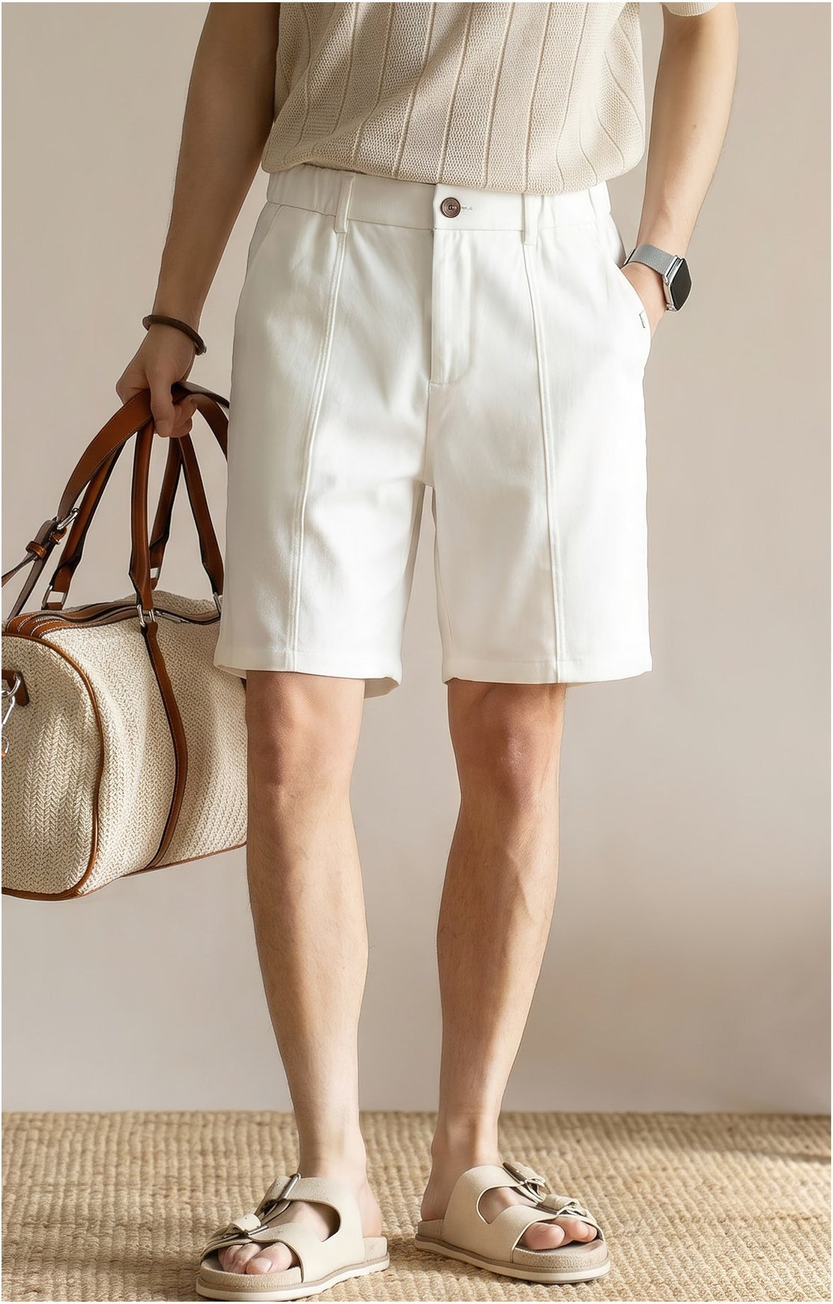 Men's Summer Japanese Style Cooling Casual Shorts - Knee-length with Half-Elastic Waist - WHITE