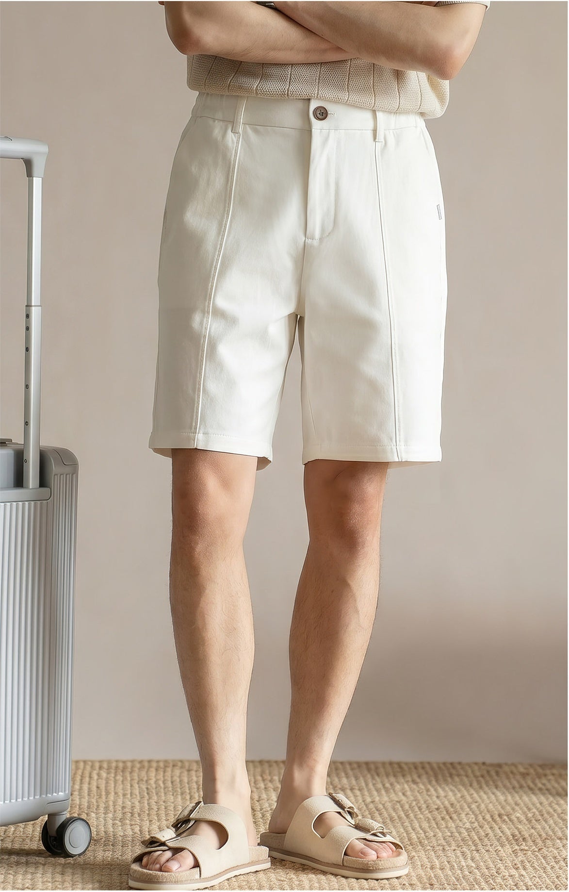 Men's Summer Japanese Style Cooling Casual Shorts - Knee-length with Half-Elastic Waist - WHITE