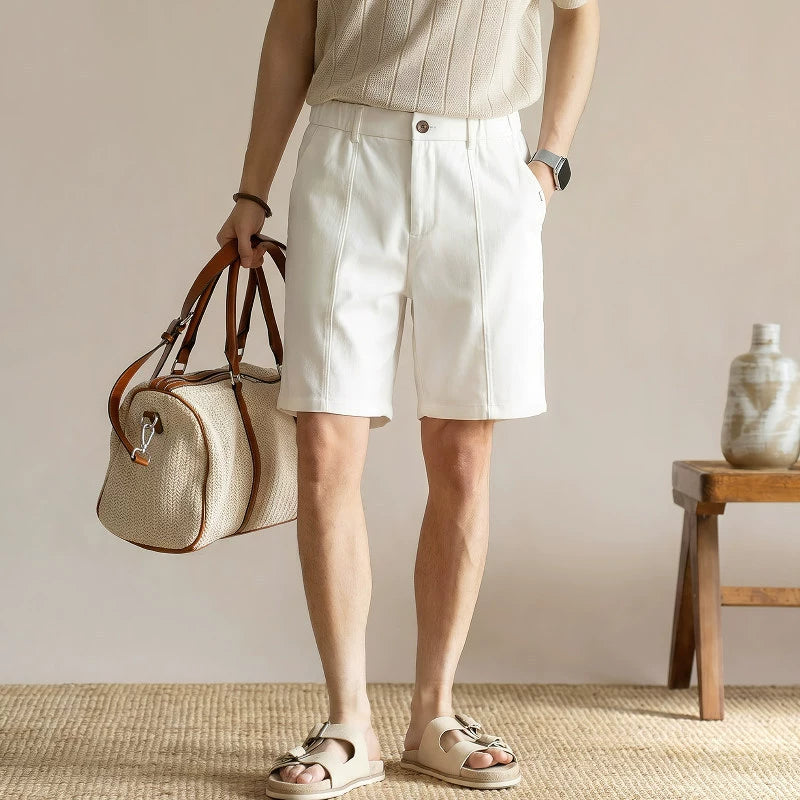 Men's Summer Japanese Style Cooling Casual Shorts - Knee-length with Half-Elastic Waist - WHITE