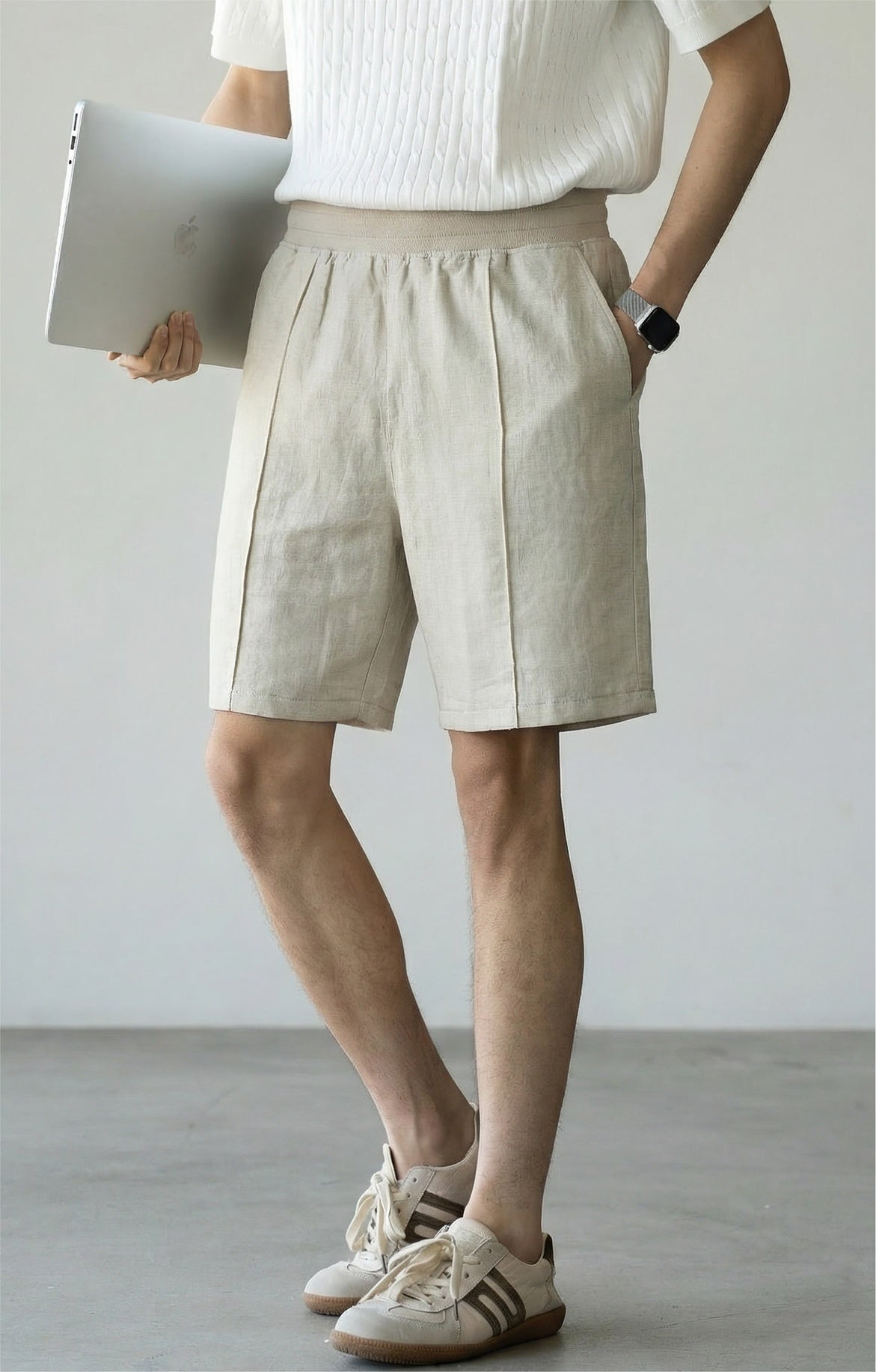 Men's 57 % Linen Drawstring Elastic Waist Shorts – Breathable Pintuck Summer Lounge Shorts - FLAX