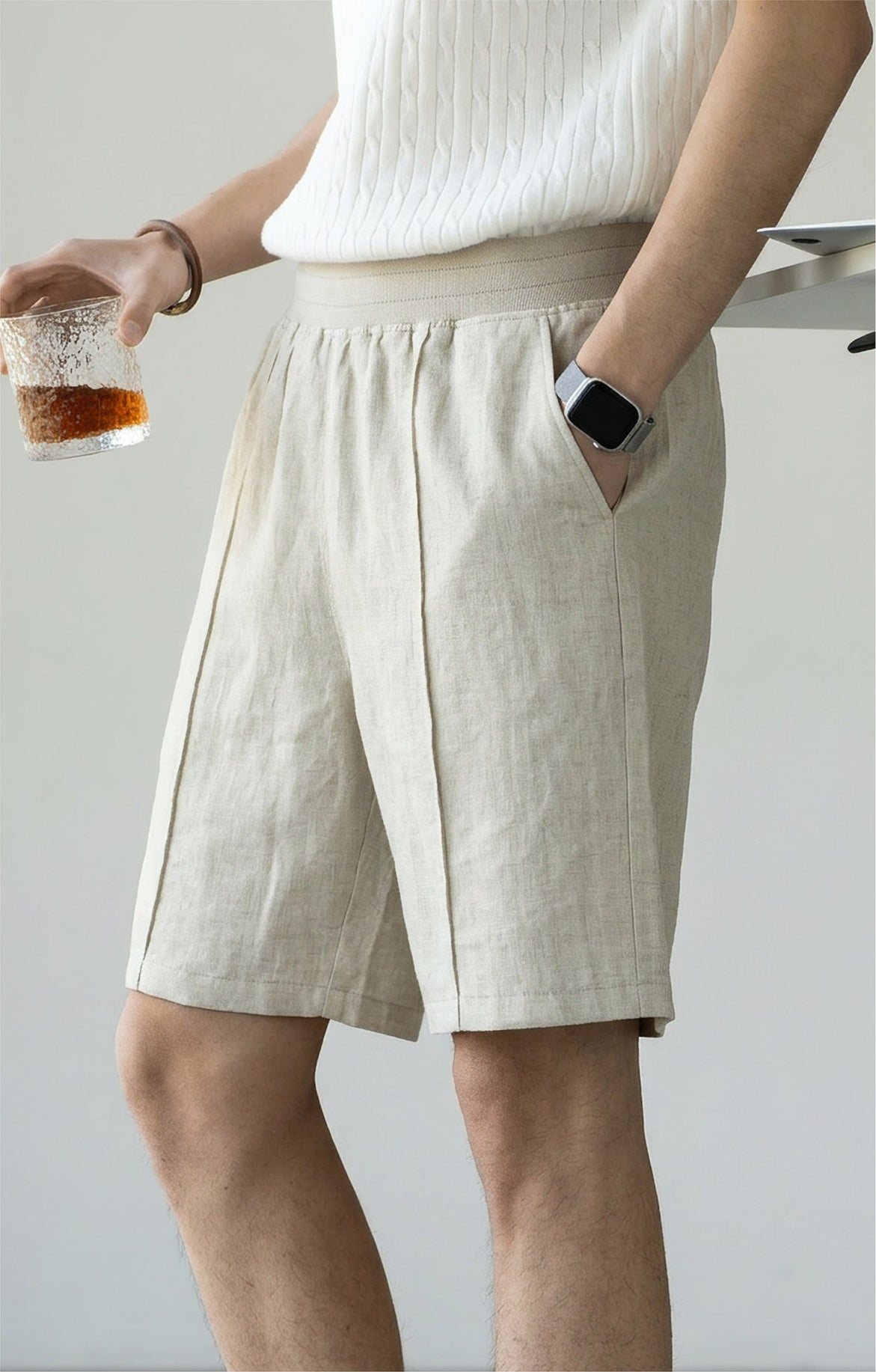 Men's 57 % Linen Drawstring Elastic Waist Shorts – Breathable Pintuck Summer Lounge Shorts - FLAX