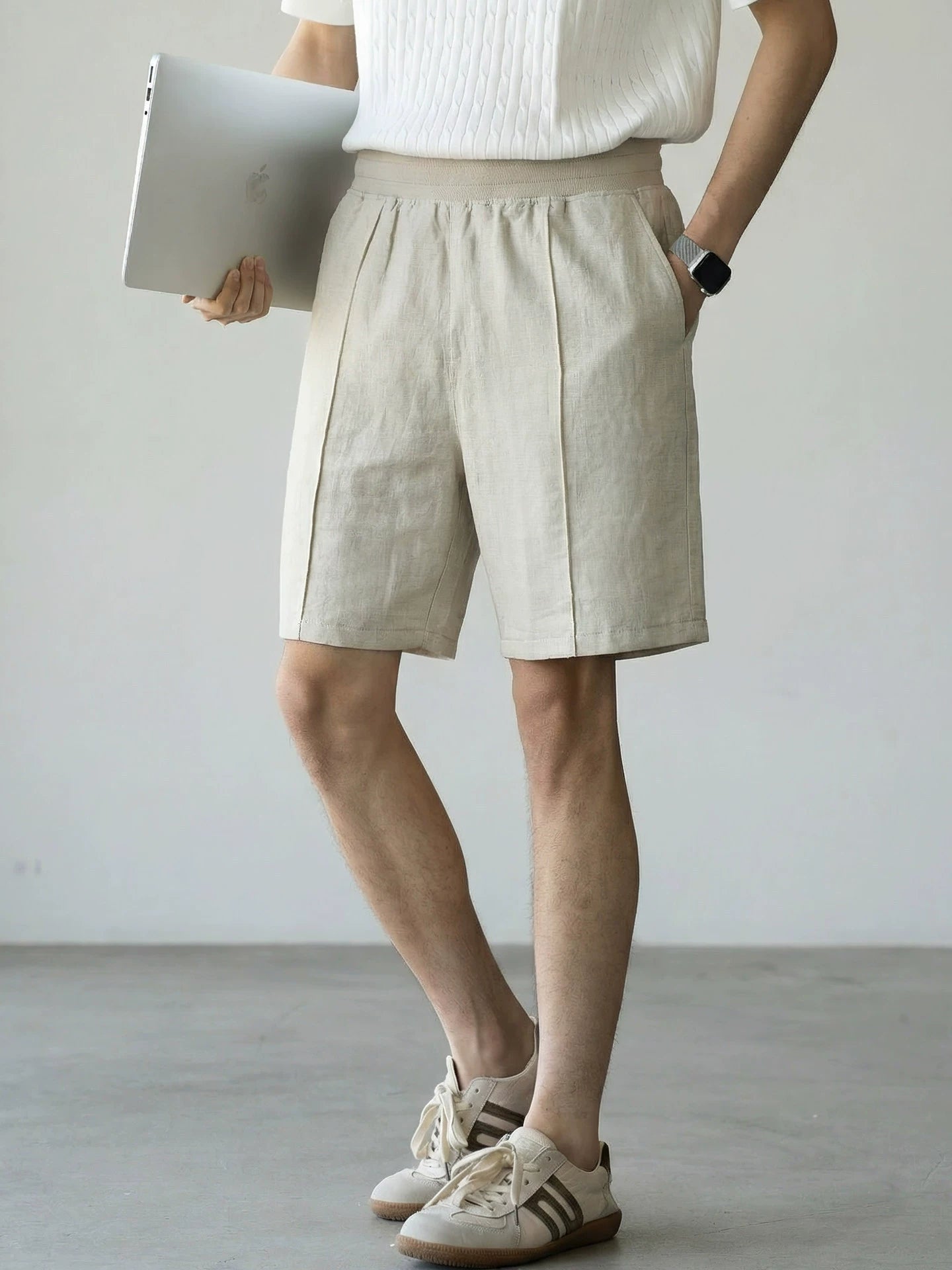 Men's 57 % Linen Drawstring Elastic Waist Shorts – Breathable Pintuck Summer Lounge Shorts - FLAX