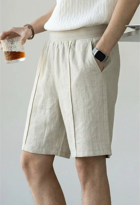 Men's 57 % Linen Drawstring Elastic Waist Shorts – Breathable Pintuck Summer Lounge Shorts - FLAX
