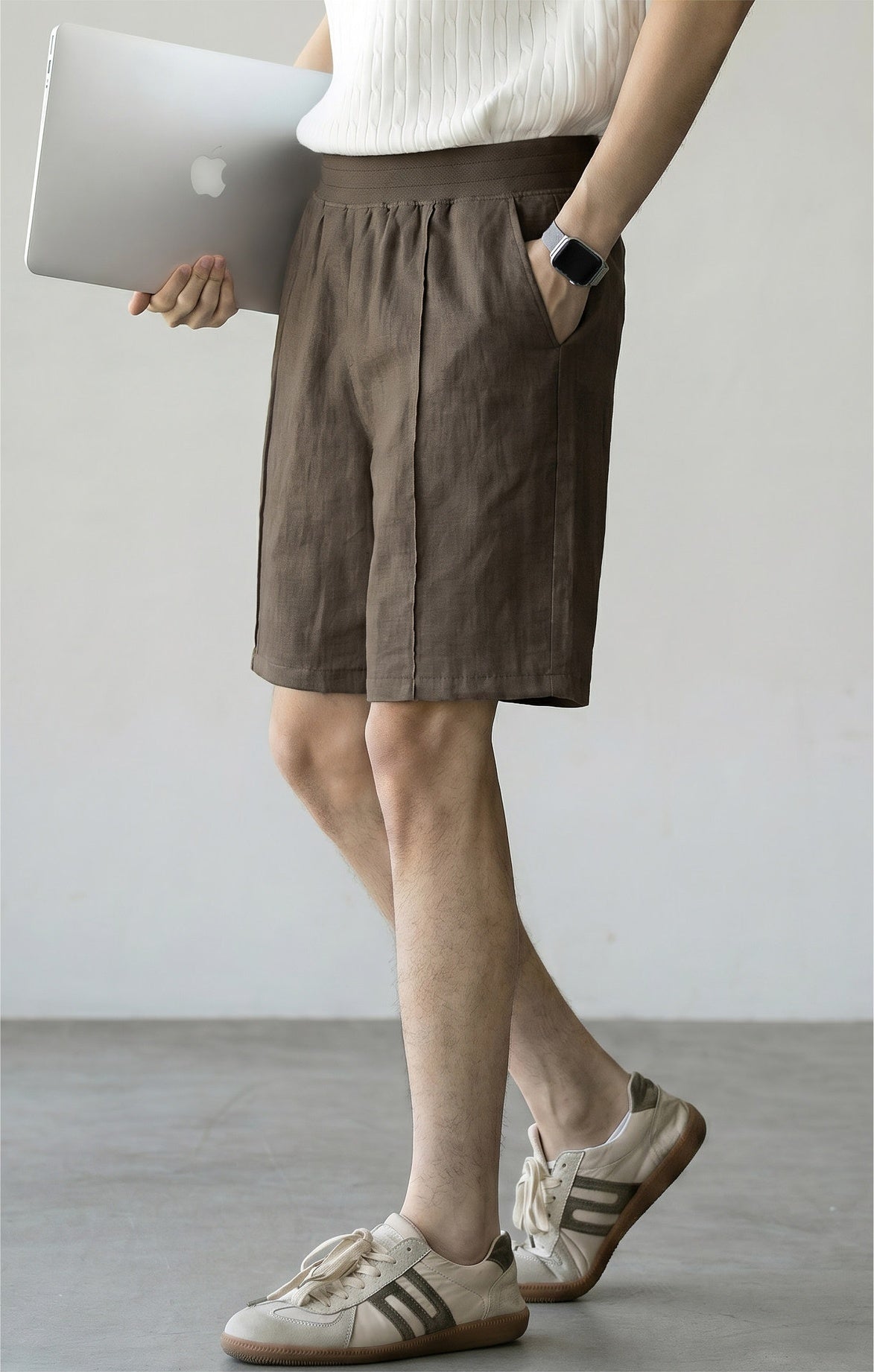 Men's 57 % Linen Drawstring Elastic Waist Shorts – Breathable Pintuck Summer Lounge Shorts - COFFEE