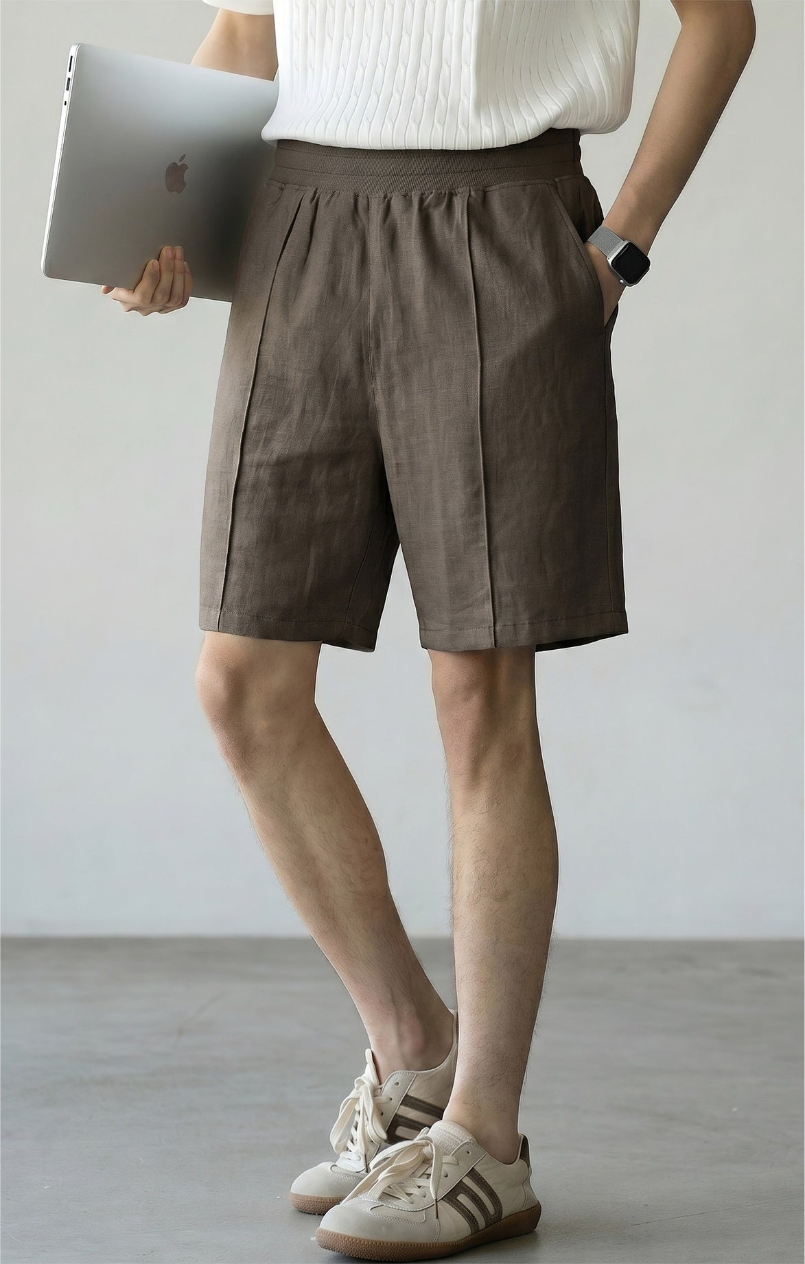 Men's 57 % Linen Drawstring Elastic Waist Shorts – Breathable Pintuck Summer Lounge Shorts - COFFEE