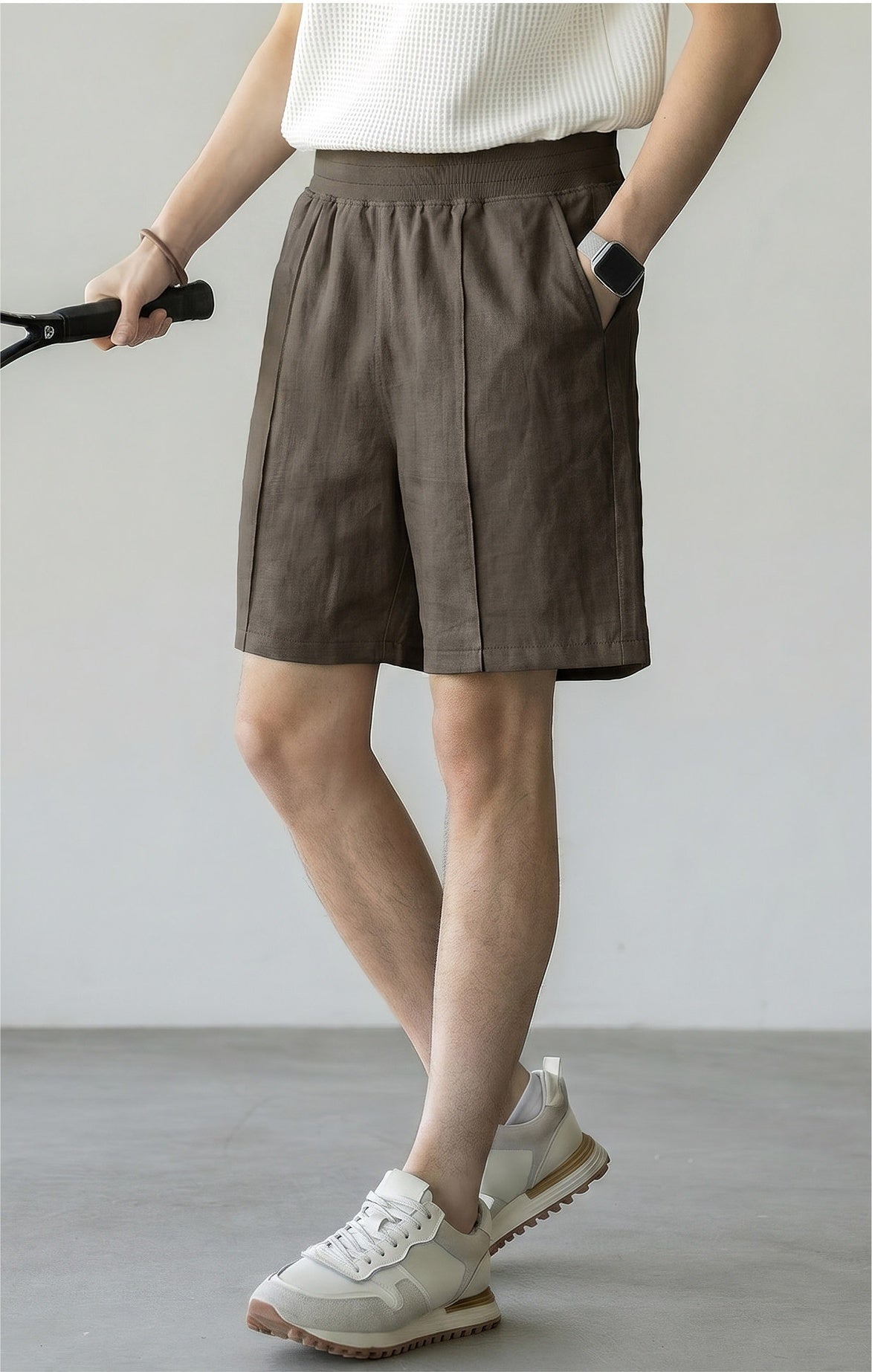 Men's 57 % Linen Drawstring Elastic Waist Shorts – Breathable Pintuck Summer Lounge Shorts - COFFEE