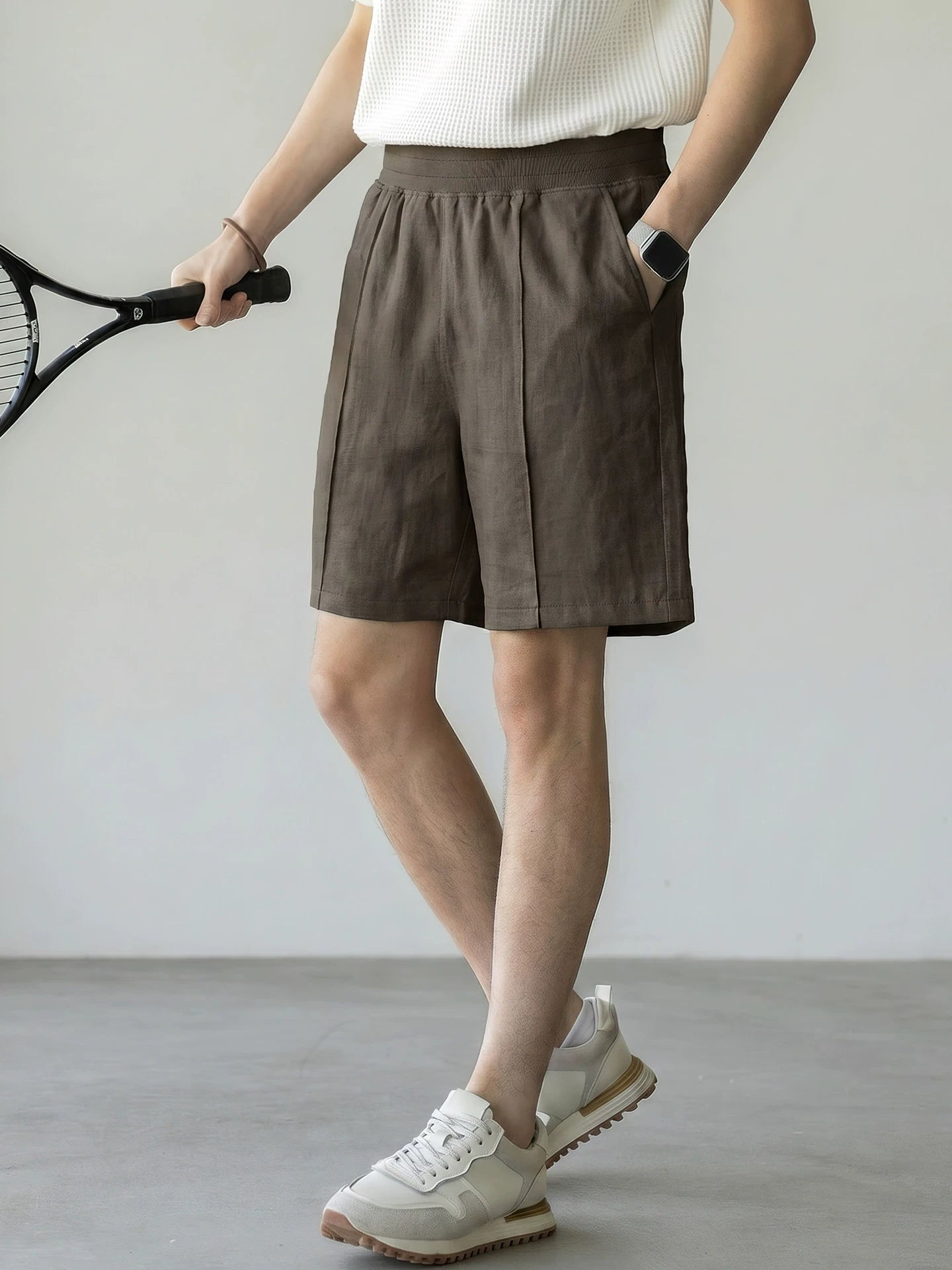 Men's 57 % Linen Drawstring Elastic Waist Shorts – Breathable Pintuck Summer Lounge Shorts - COFFEE