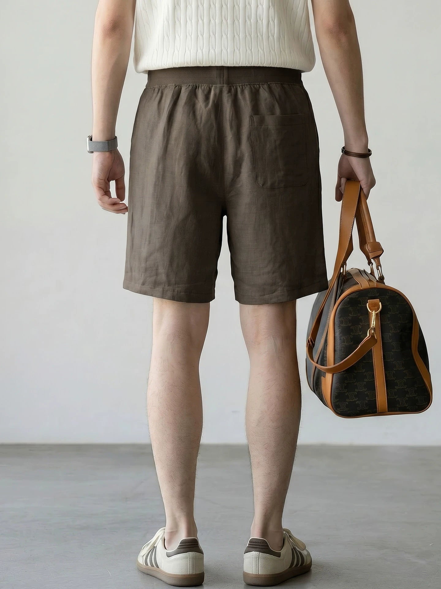 Men's 57 % Linen Drawstring Elastic Waist Shorts – Breathable Pintuck Summer Lounge Shorts - COFFEE