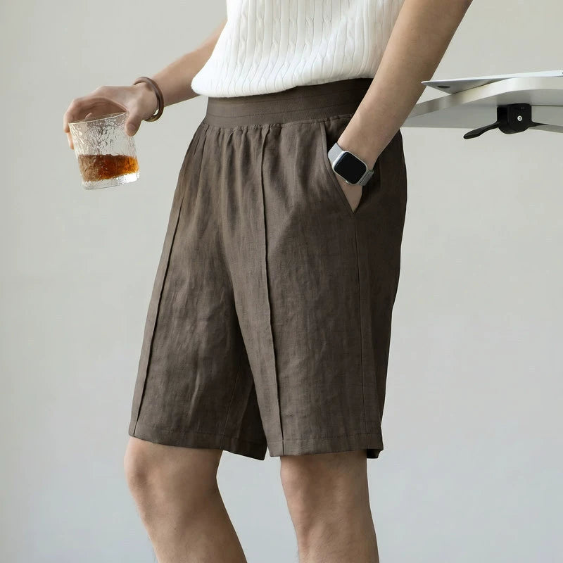 Men's 57 % Linen Drawstring Elastic Waist Shorts – Breathable Pintuck Summer Lounge Shorts - COFFEE