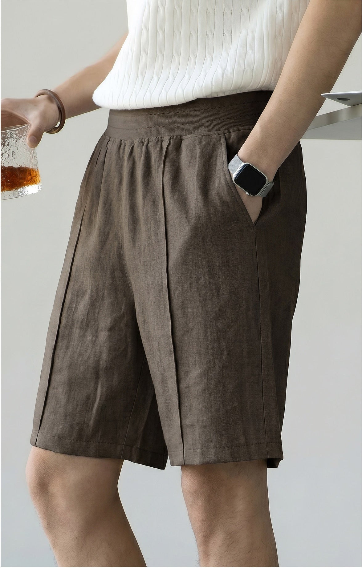 Men's 57 % Linen Drawstring Elastic Waist Shorts – Breathable Pintuck Summer Lounge Shorts - COFFEE