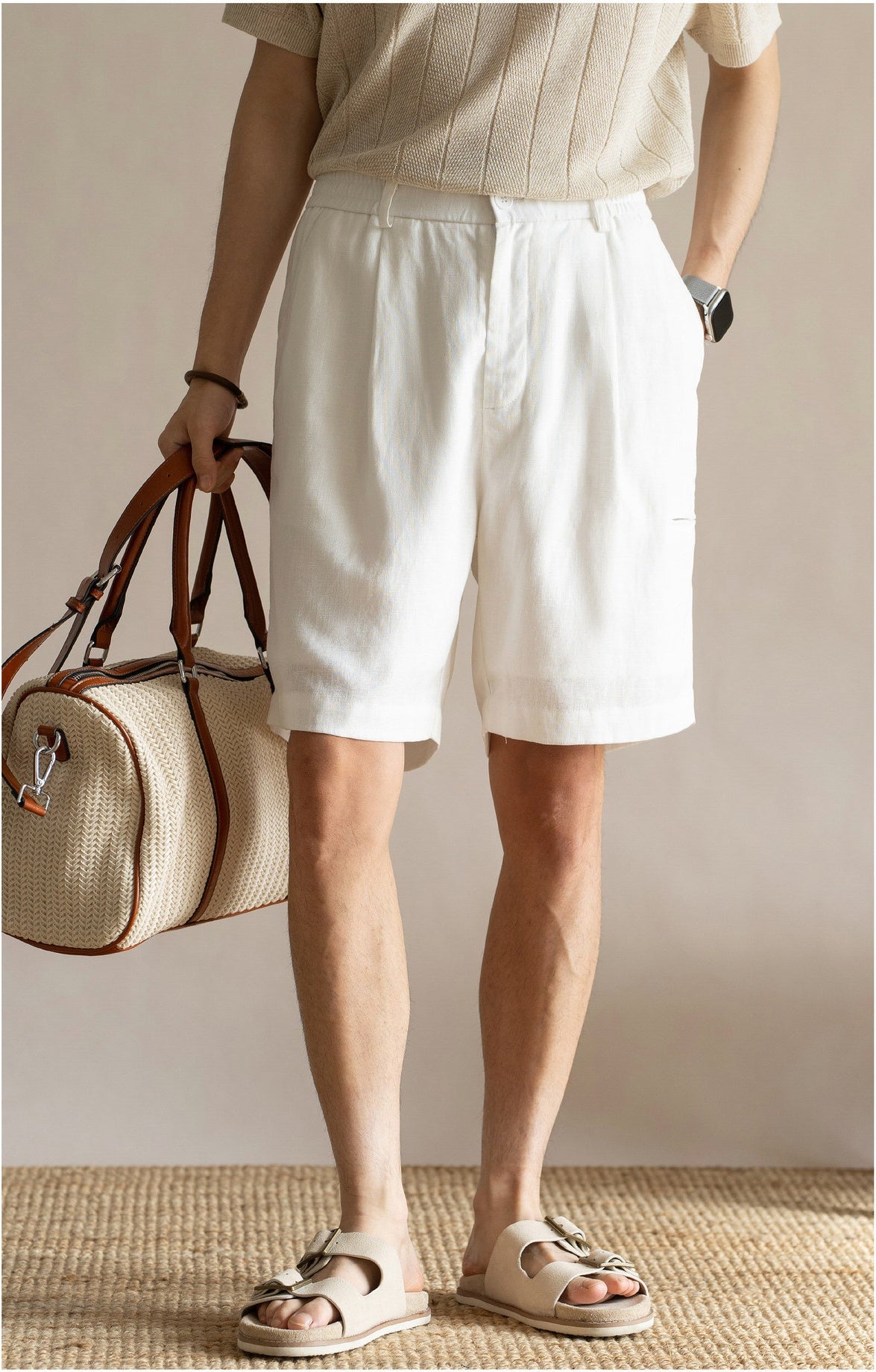 Men's Pleated 77% Lyocell - Linen Blend Summer Resort Shorts – 7" Inseam Elastic Waist  - OFFWHITE