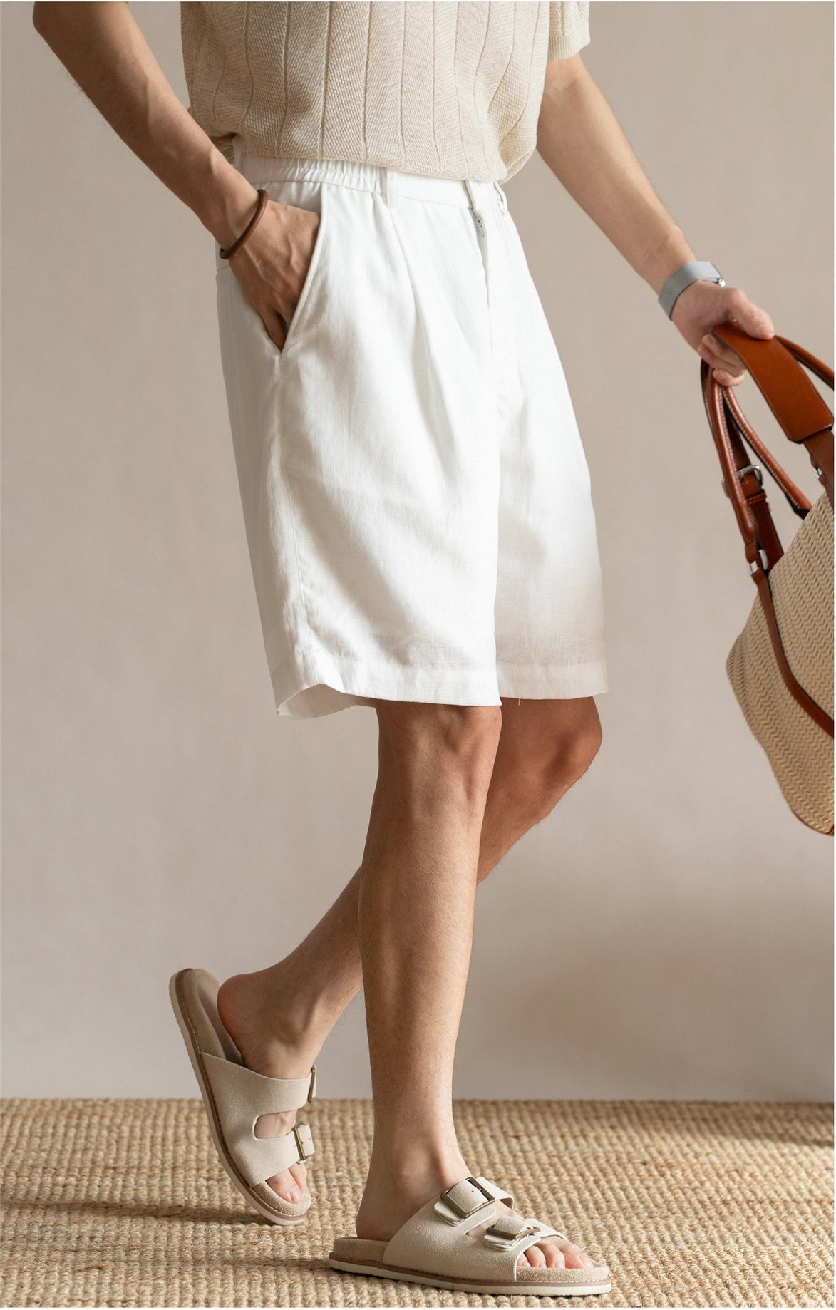 Men's Pleated 77% Lyocell - Linen Blend Summer Resort Shorts – 7" Inseam Elastic Waist  - OFFWHITE
