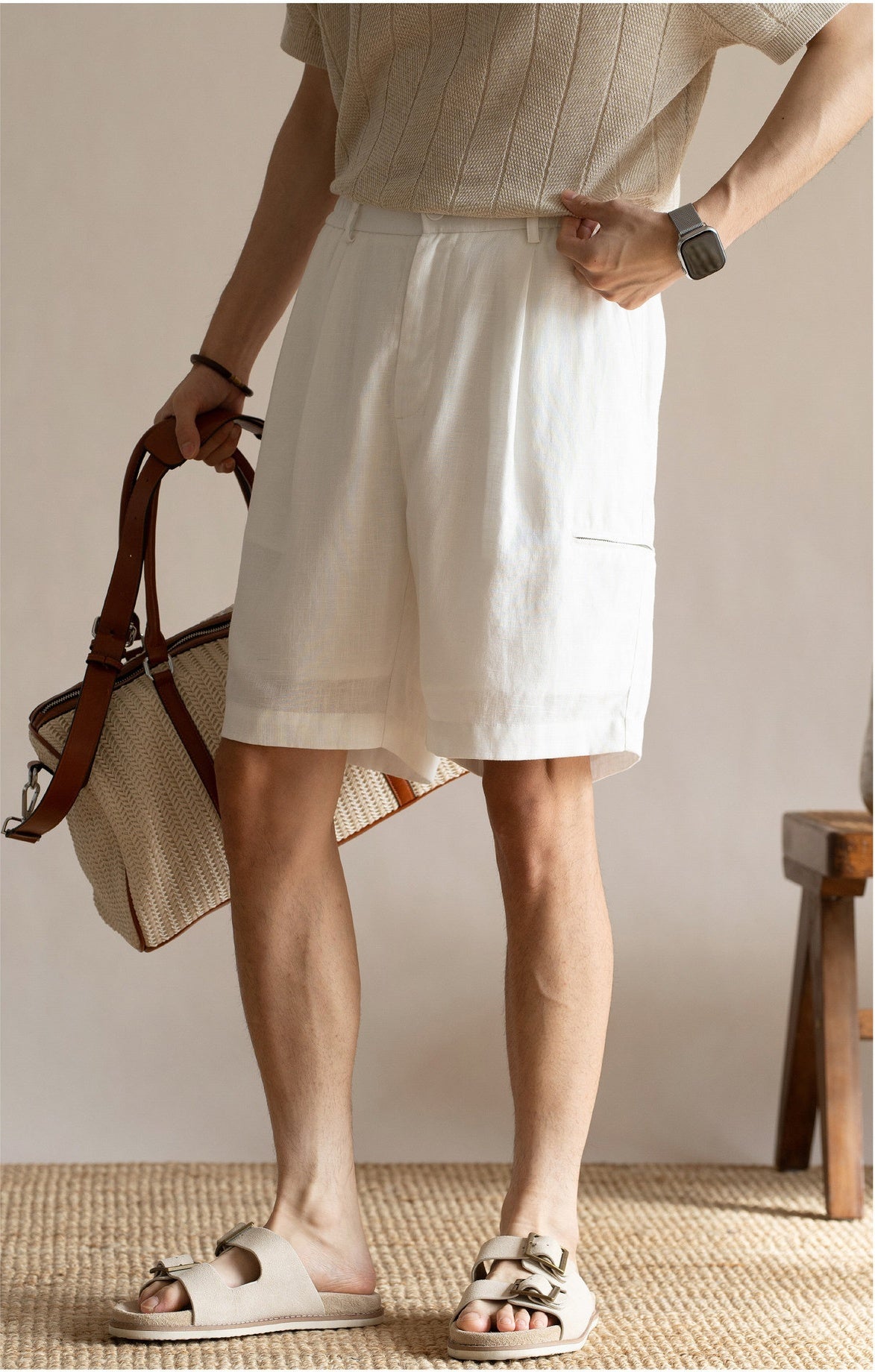 Men's Pleated 77% Lyocell - Linen Blend Summer Resort Shorts – 7" Inseam Elastic Waist  - OFFWHITE