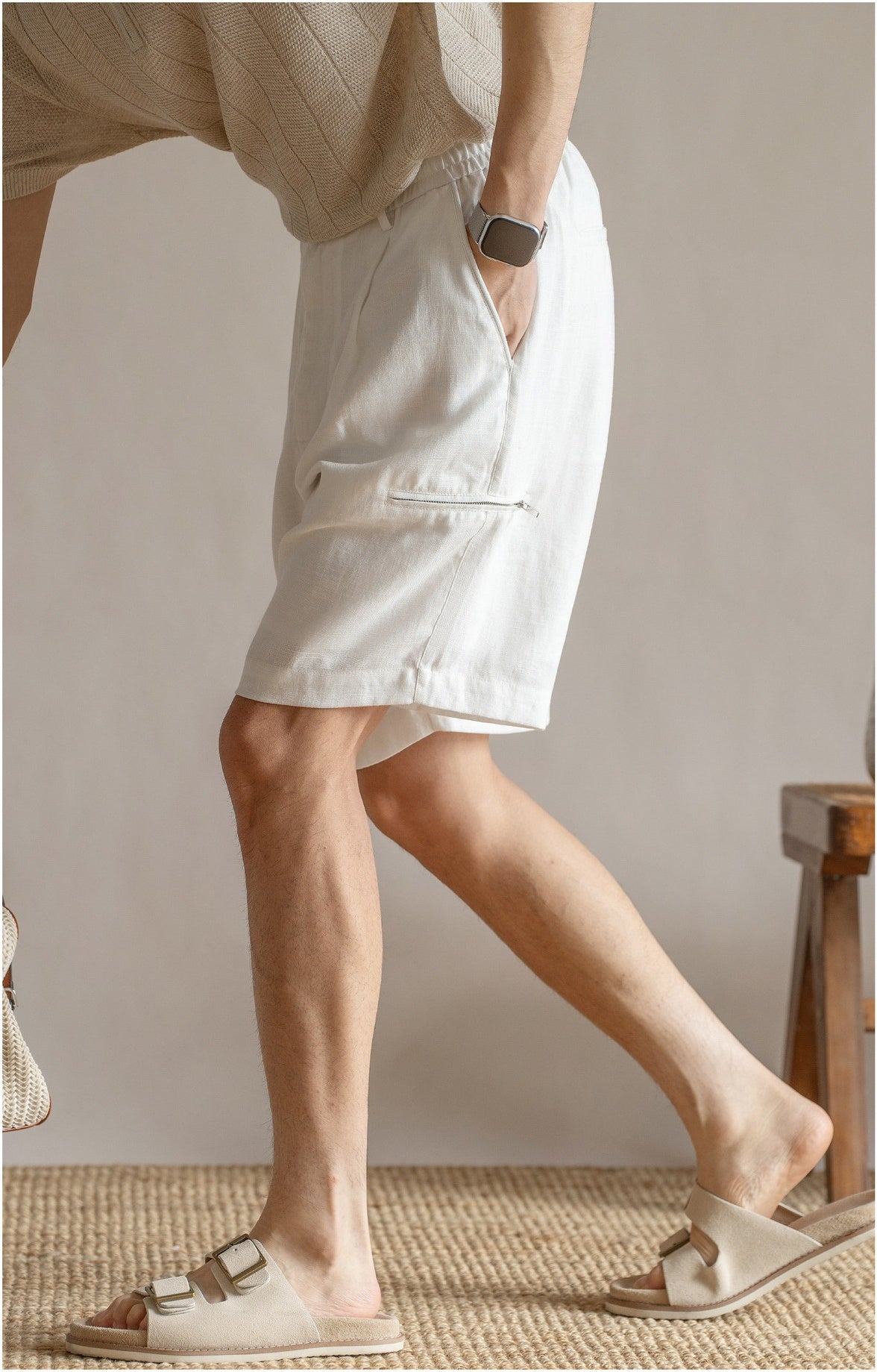 Men's Pleated 77% Lyocell - Linen Blend Summer Resort Shorts – 7" Inseam Elastic Waist  - OFFWHITE