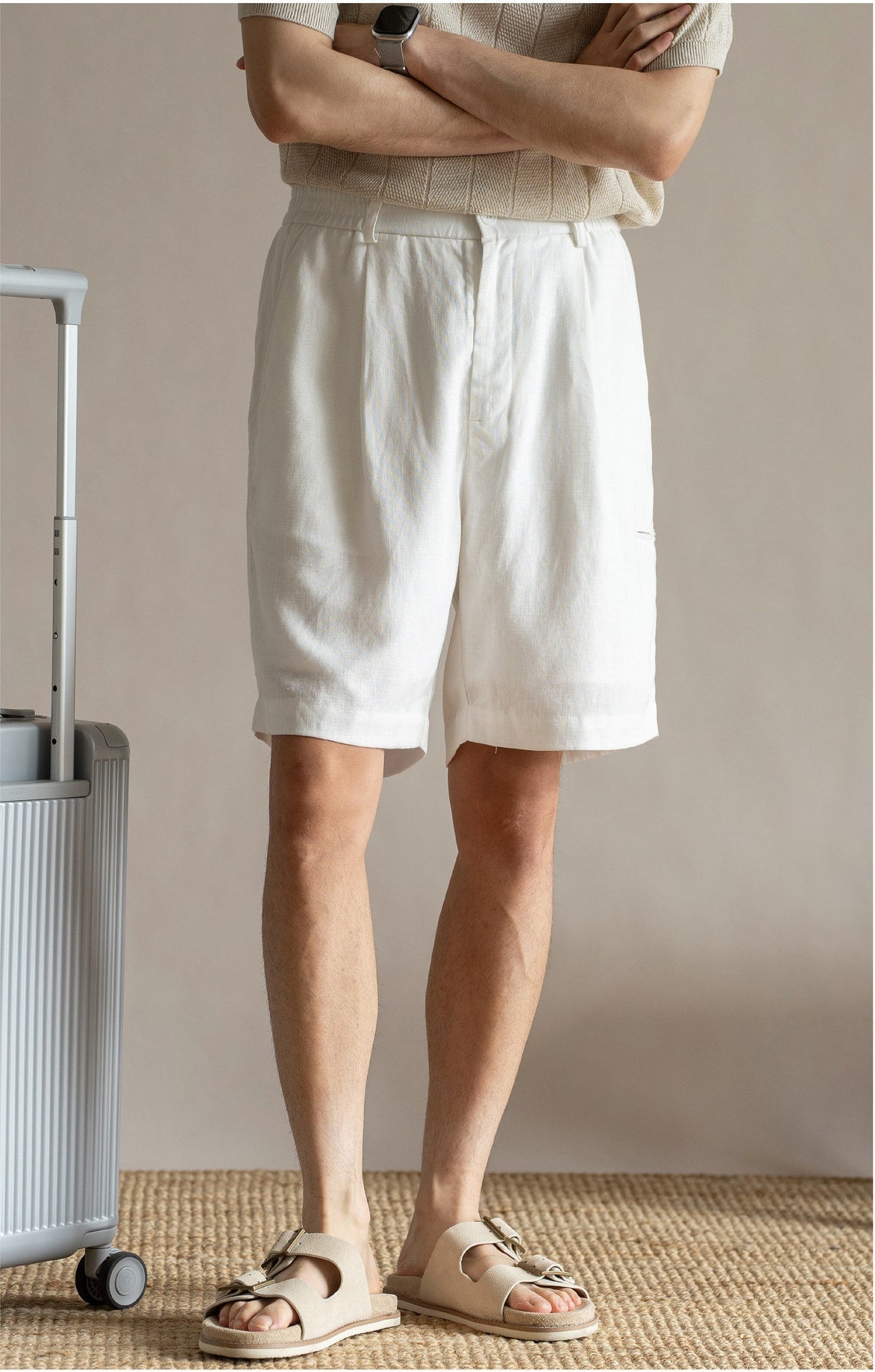 Men's Pleated 77% Lyocell - Linen Blend Summer Resort Shorts – 7" Inseam Elastic Waist  - OFFWHITE