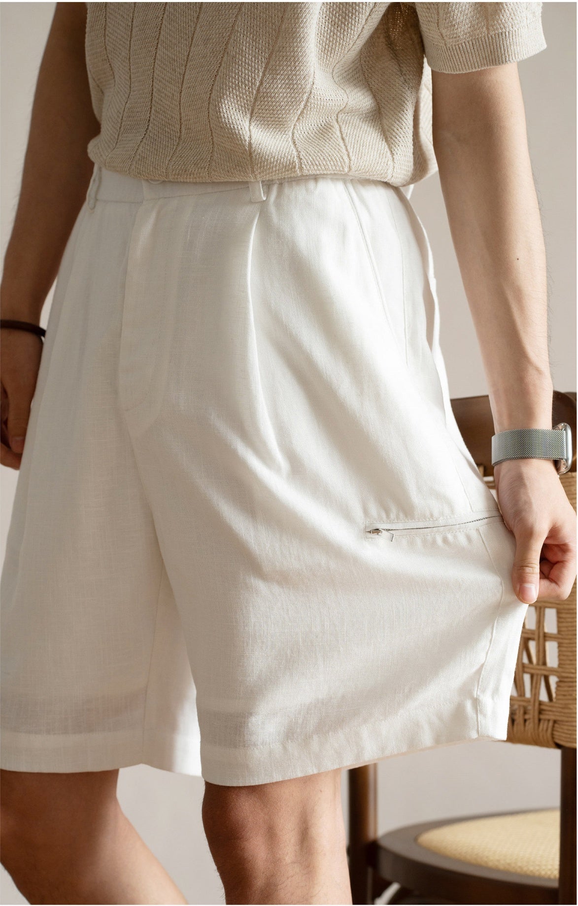 Men's Pleated 77% Lyocell - Linen Blend Summer Resort Shorts – 7" Inseam Elastic Waist  - OFFWHITE