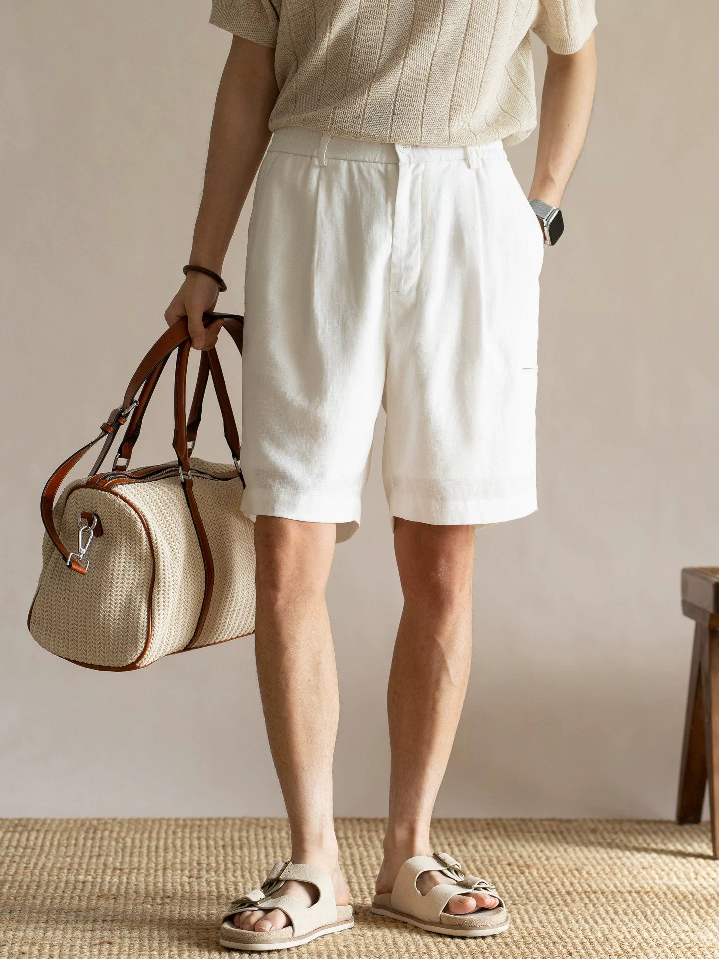 Men's Pleated 77% Lyocell - Linen Blend Summer Resort Shorts – 7" Inseam Elastic Waist  - OFFWHITE