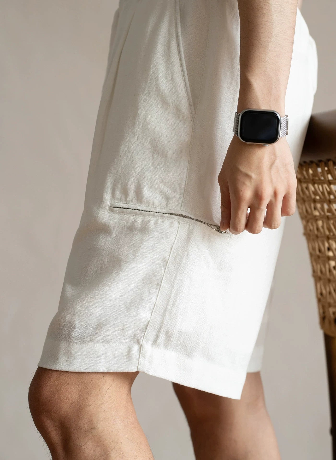 Men's Pleated 77% Lyocell - Linen Blend Summer Resort Shorts – 7" Inseam Elastic Waist  - OFFWHITE