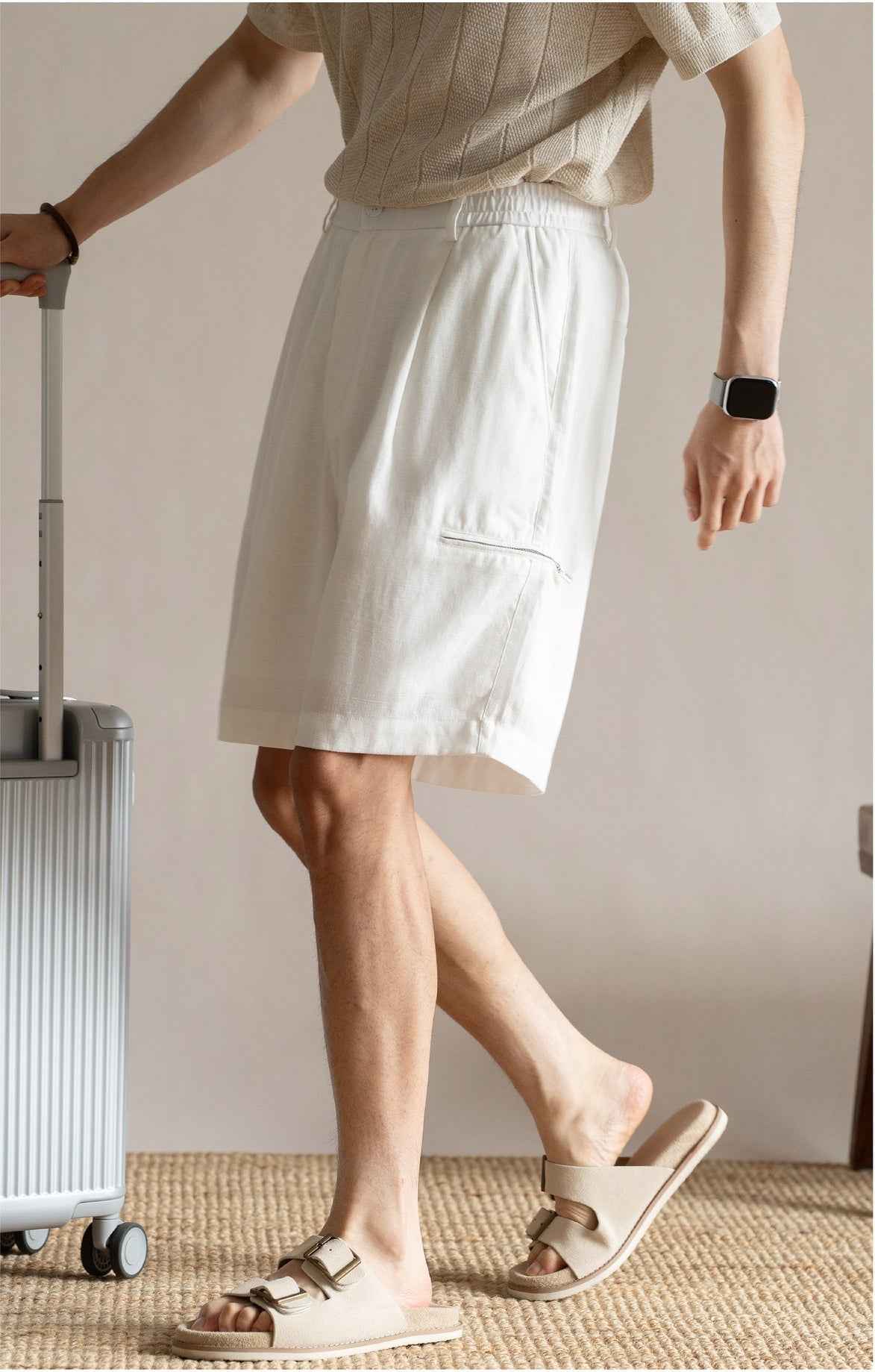 Men's Pleated 77% Lyocell - Linen Blend Summer Resort Shorts – 7" Inseam Elastic Waist  - OFFWHITE