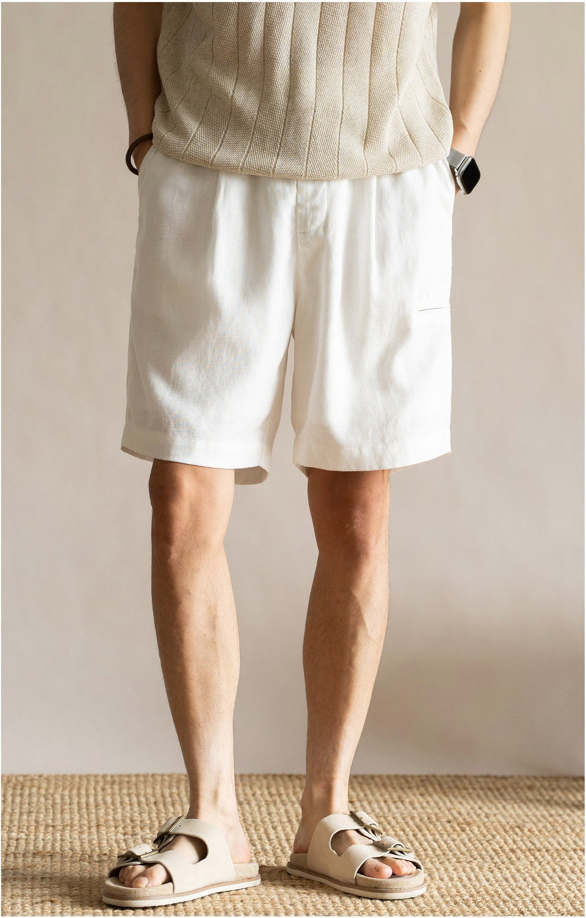 Men's Pleated 77% Lyocell - Linen Blend Summer Resort Shorts – 7" Inseam Elastic Waist  - OFFWHITE