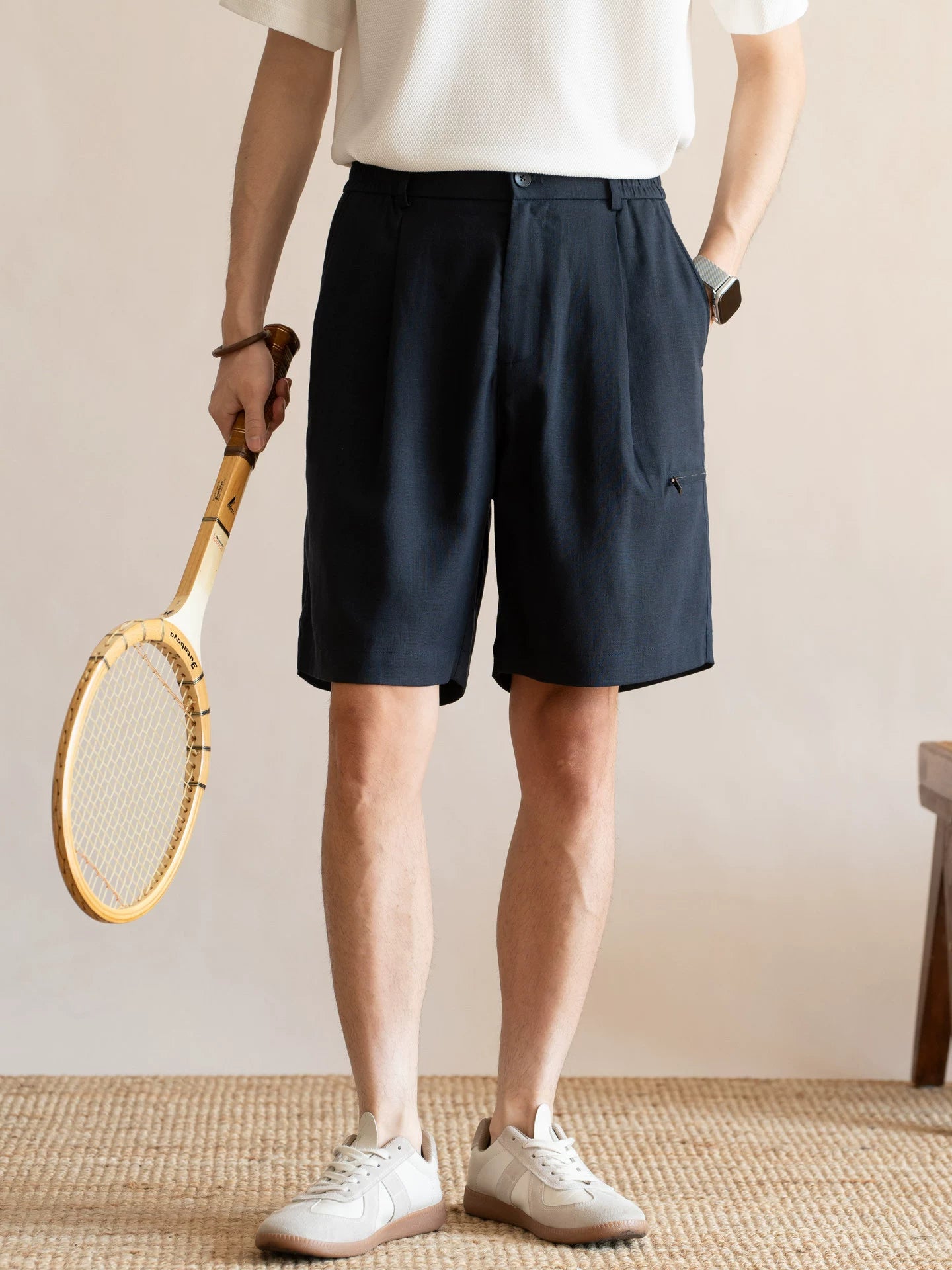 Men's Pleated 77% Lyocell - Linen Blend Summer Resort Shorts – 7" Inseam Elastic Waist  - DEEPBLUE
