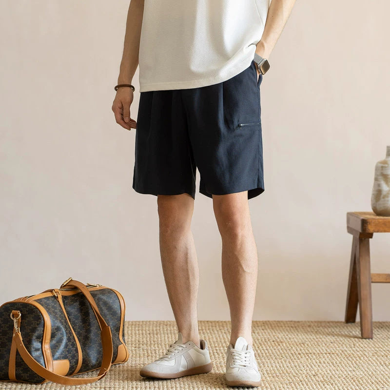 Men's Pleated 77% Lyocell - Linen Blend Summer Resort Shorts – 7" Inseam Elastic Waist  - DEEPBLUE