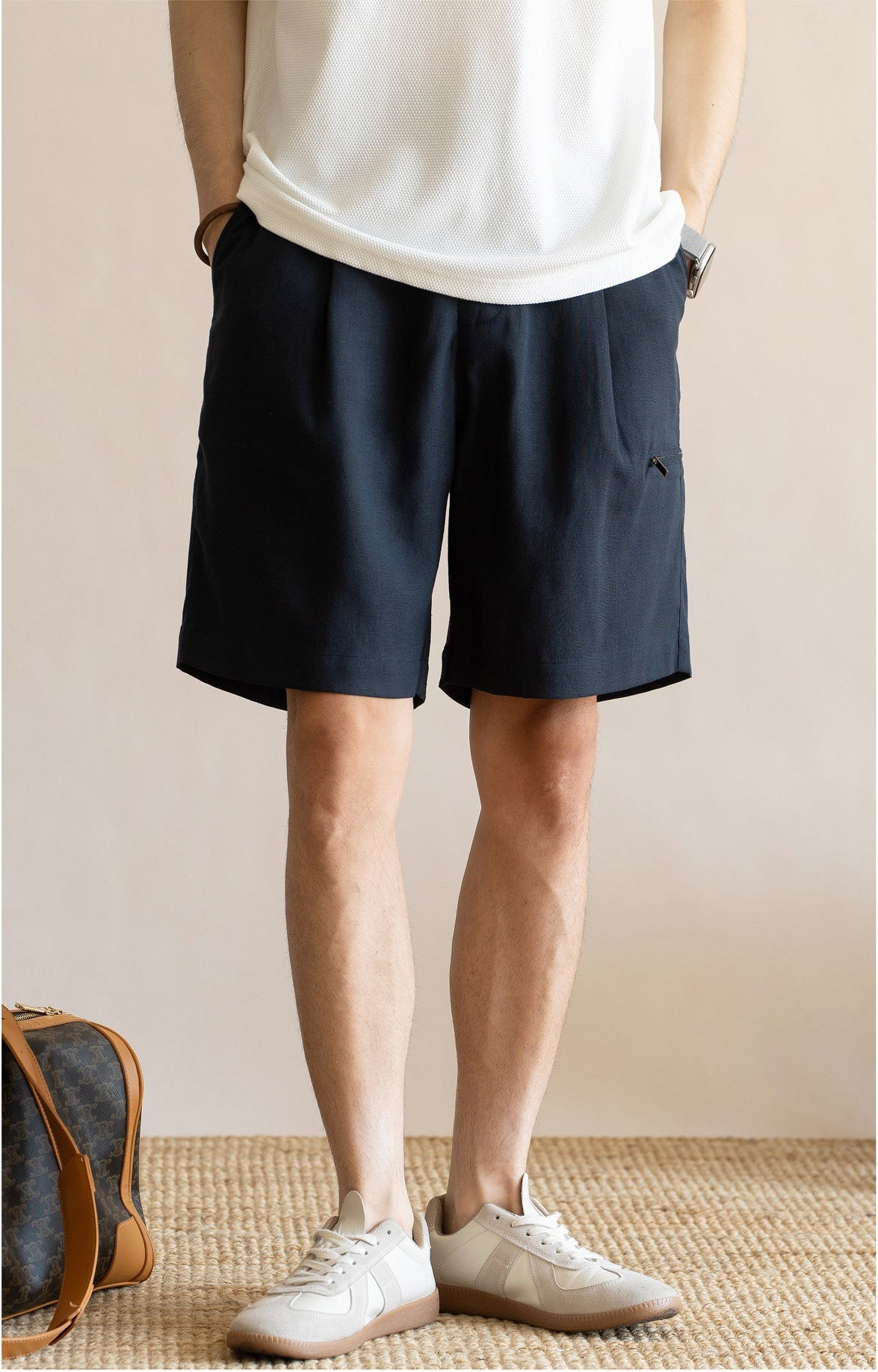 Men's Pleated 77% Lyocell - Linen Blend Summer Resort Shorts – 7" Inseam Elastic Waist  - DEEPBLUE