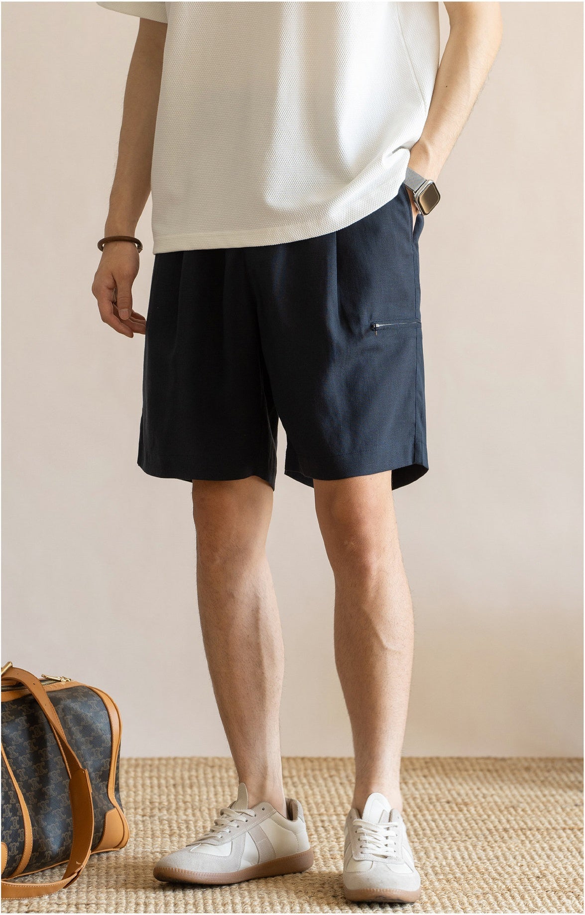 Men's Pleated 77% Lyocell - Linen Blend Summer Resort Shorts – 7" Inseam Elastic Waist  - DEEPBLUE