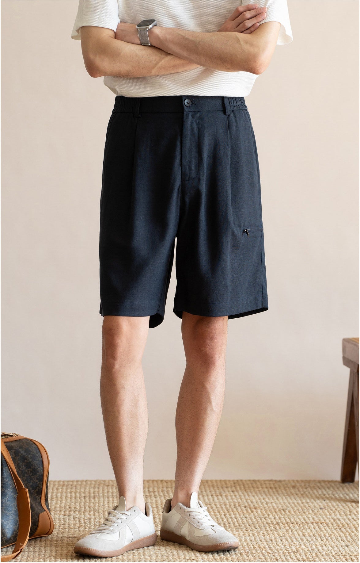Men's Pleated 77% Lyocell - Linen Blend Summer Resort Shorts – 7" Inseam Elastic Waist  - DEEPBLUE
