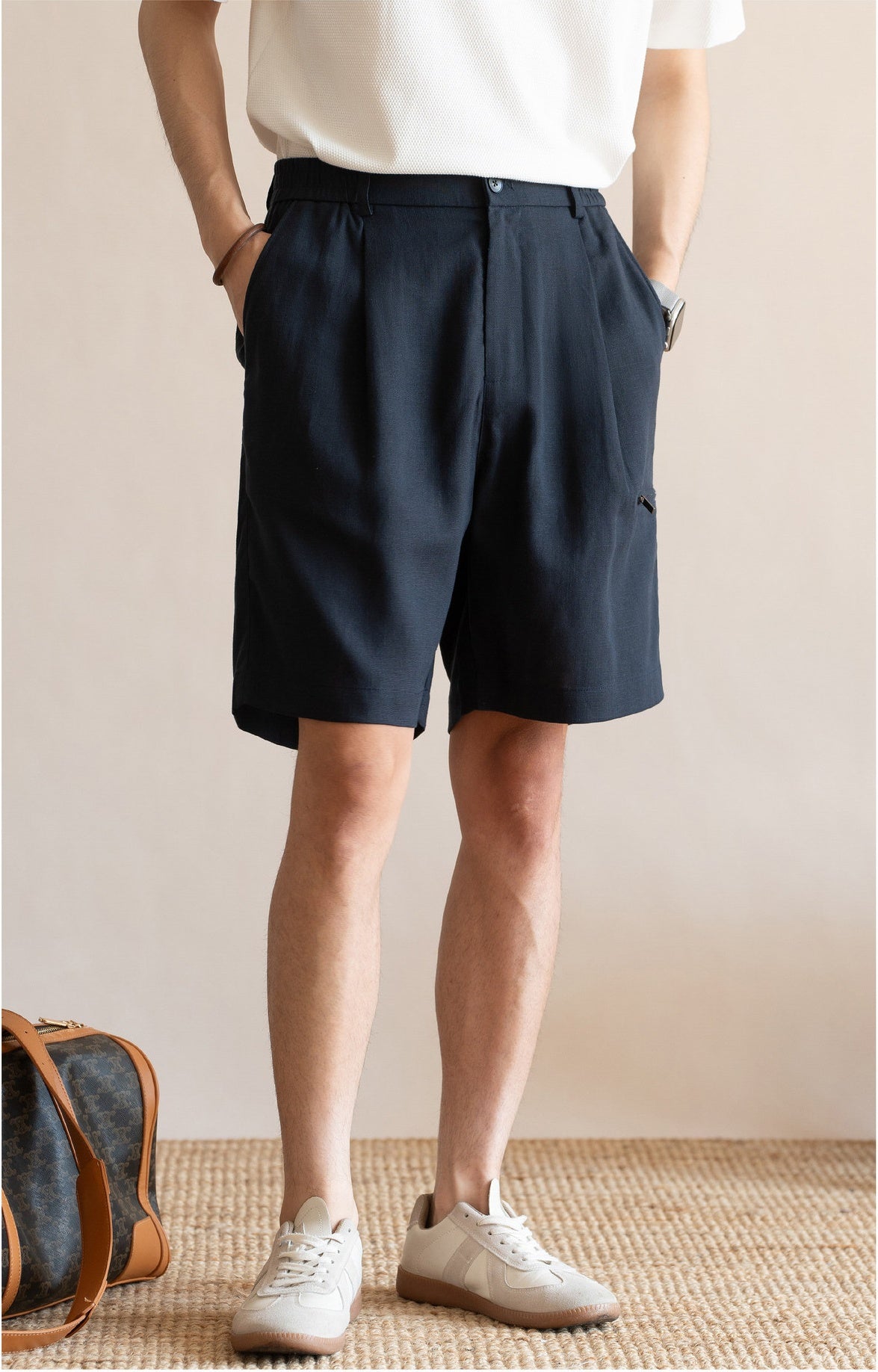 Men's Pleated 77% Lyocell - Linen Blend Summer Resort Shorts – 7" Inseam Elastic Waist  - DEEPBLUE