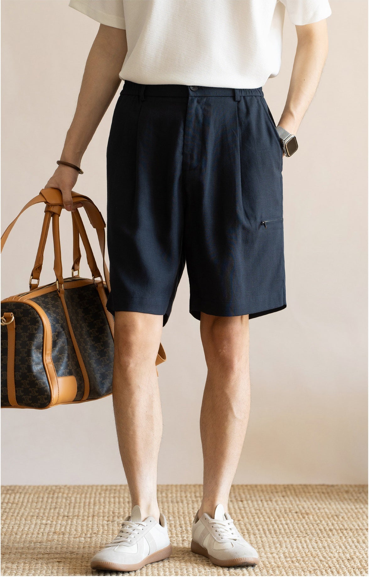 Men's Pleated 77% Lyocell - Linen Blend Summer Resort Shorts – 7" Inseam Elastic Waist  - DEEPBLUE