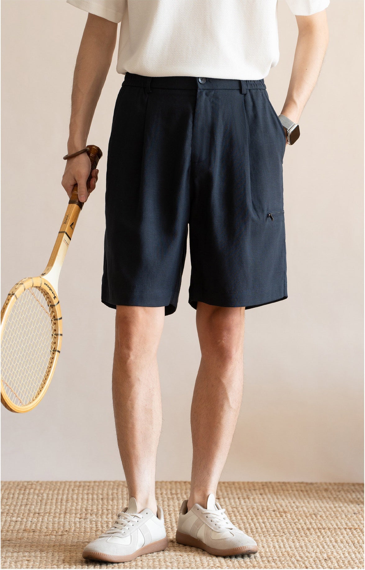 Men's Pleated 77% Lyocell - Linen Blend Summer Resort Shorts – 7" Inseam Elastic Waist  - DEEPBLUE
