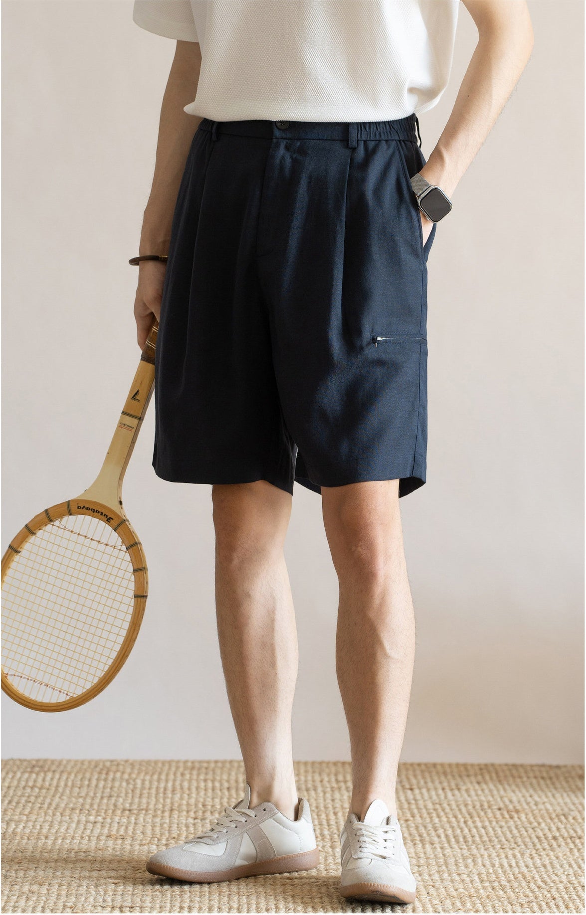 Men's Pleated 77% Lyocell - Linen Blend Summer Resort Shorts – 7" Inseam Elastic Waist  - DEEPBLUE