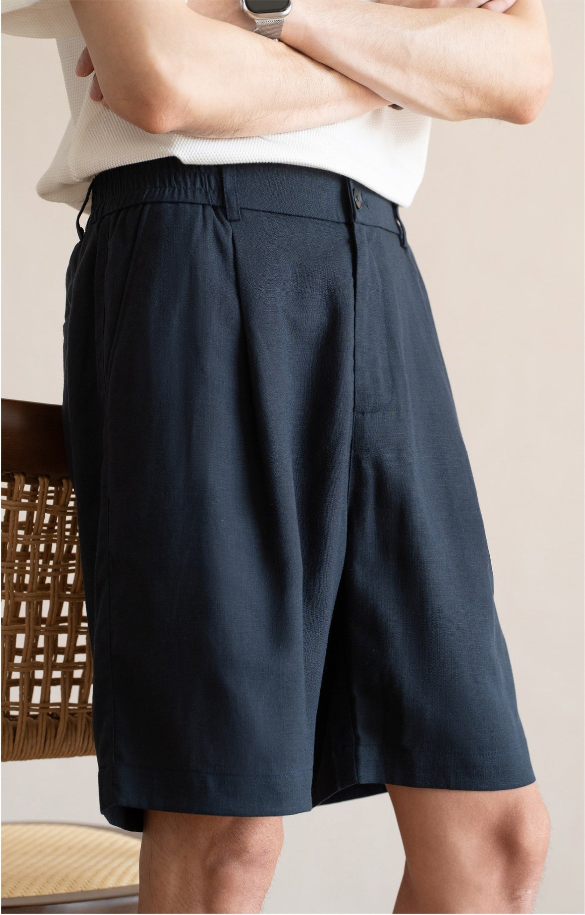 Men's Pleated 77% Lyocell - Linen Blend Summer Resort Shorts – 7" Inseam Elastic Waist  - DEEPBLUE