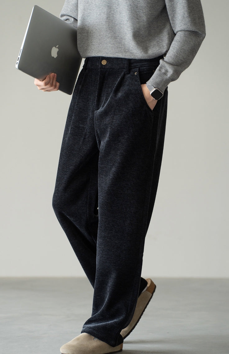 Retro Corduroy Drawstring Wide Leg Casual Pants in Black