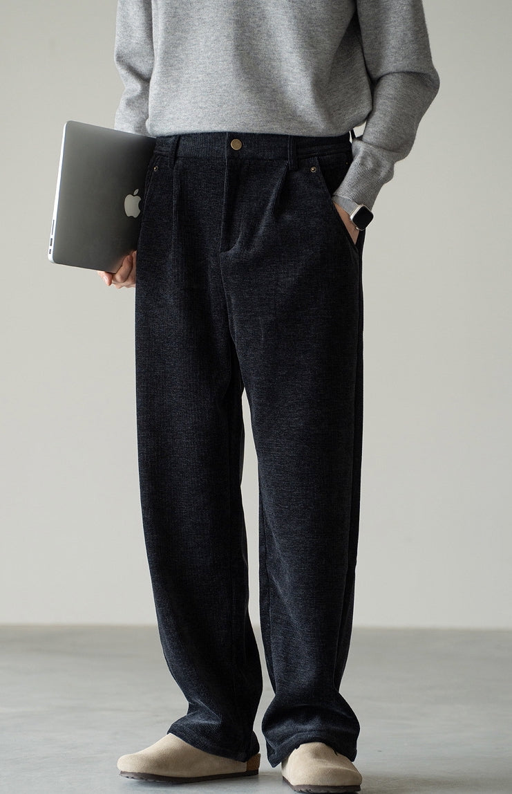 Retro Corduroy Drawstring Wide Leg Casual Pants in Black