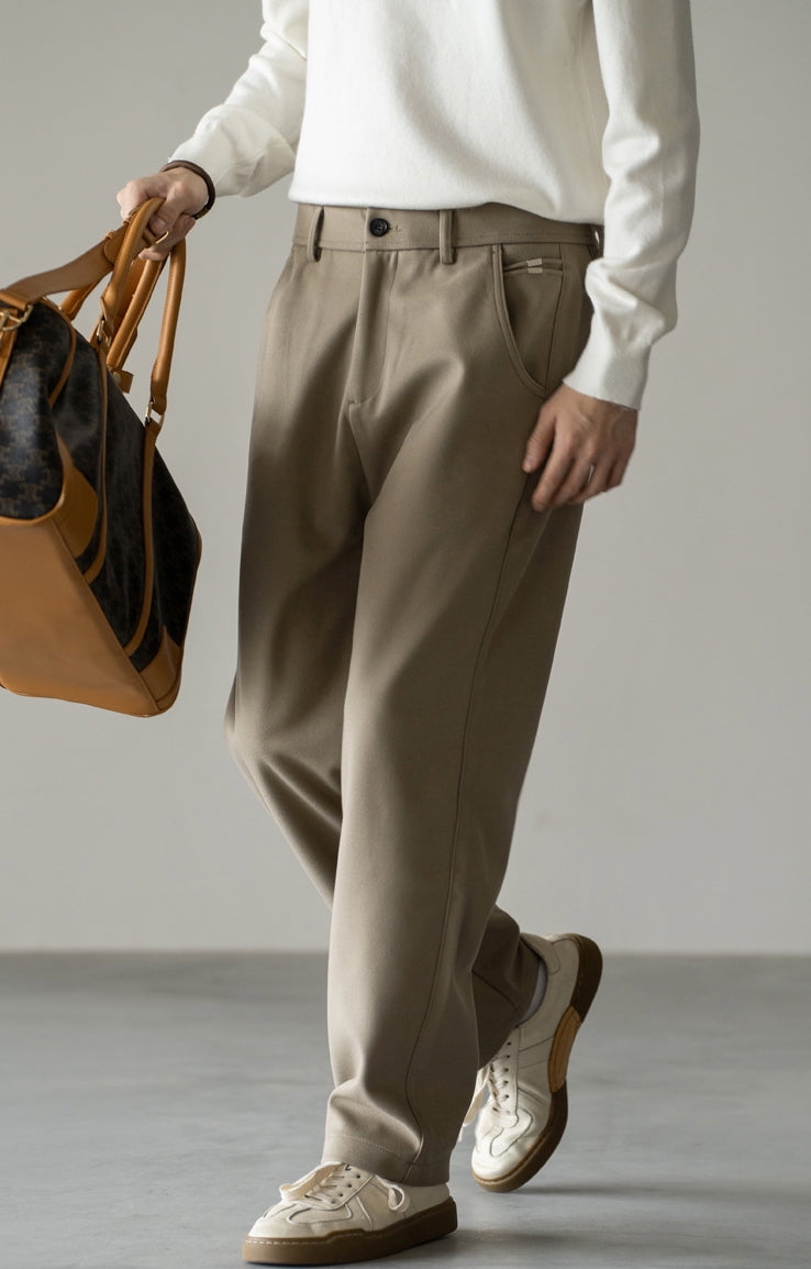 Woollen Straight Leg Pants in Khaki