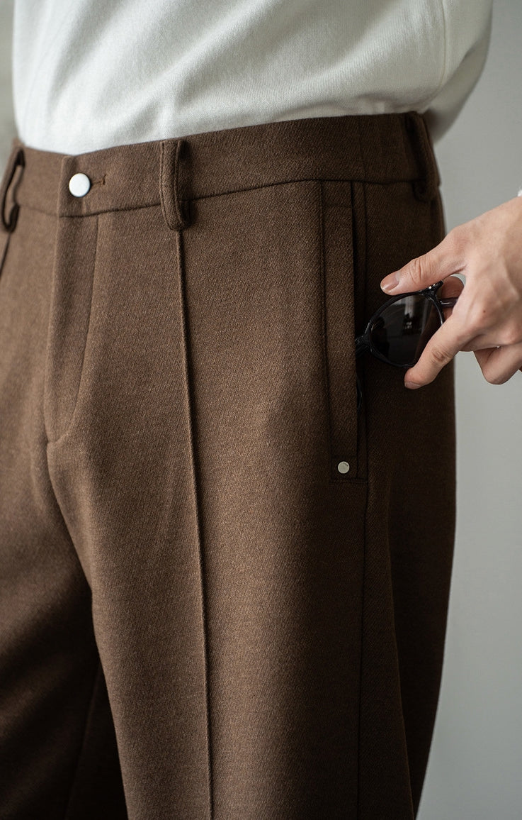 Pleated Woollen Pin Tuck Casual Trousers in Coffee Brown