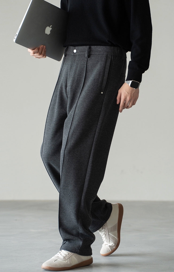 Pleated Woollen Pin Tuck Casual Trousers in Dark Grey