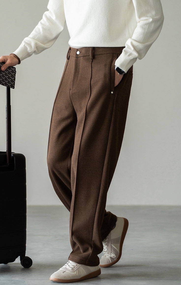 Pleated Woollen Pin Tuck Casual Trousers in Coffee Brown