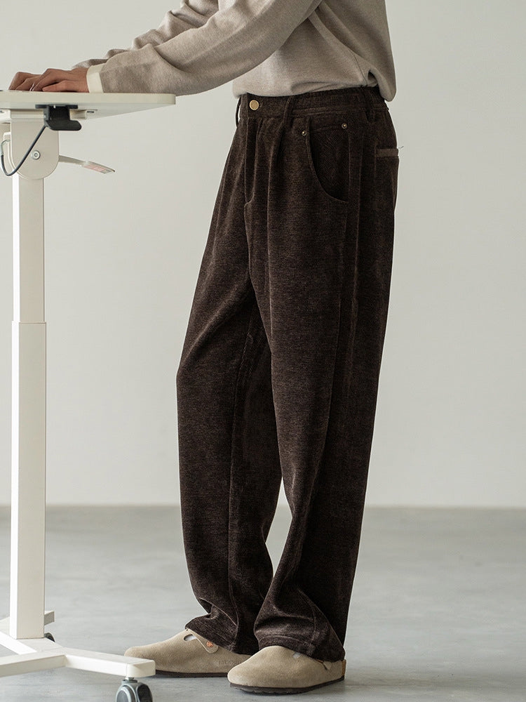 Retro Corduroy Drawstring Wide Leg Casual Pants in Coffee Brown