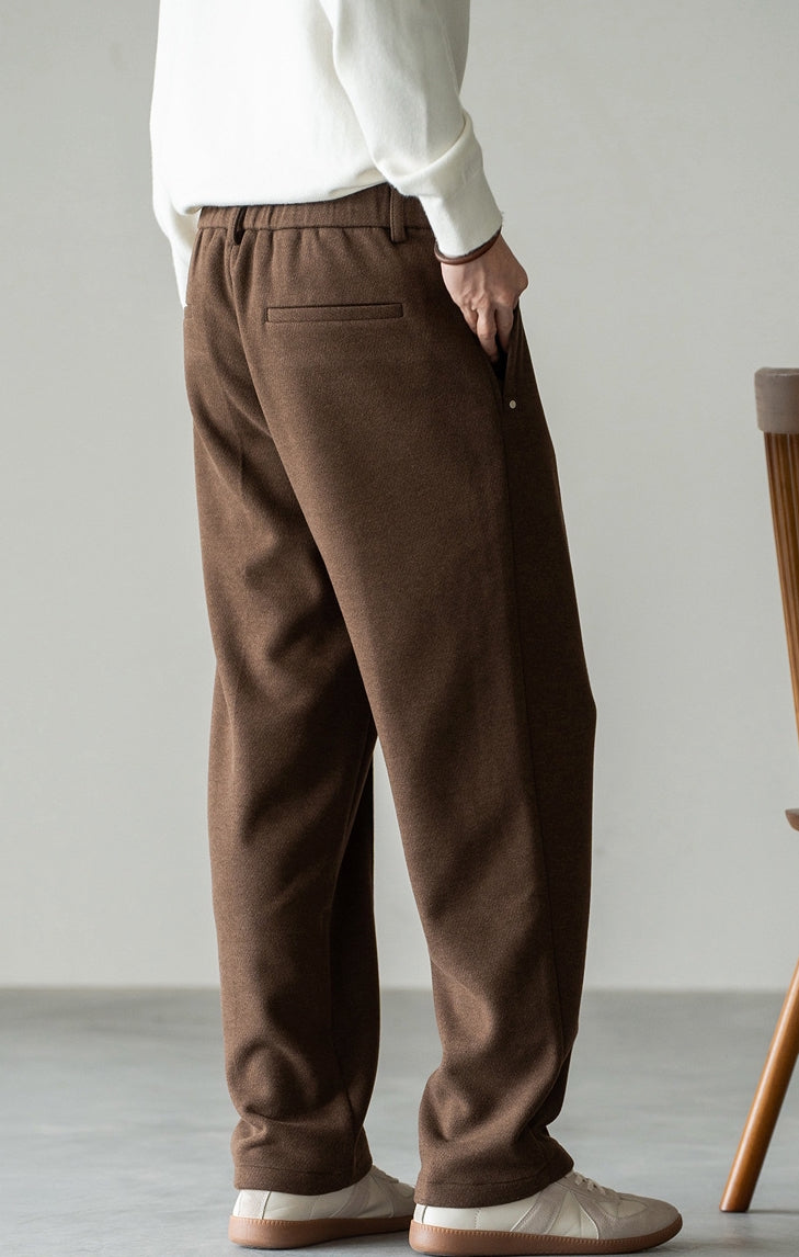 Pleated Woollen Pin Tuck Casual Trousers in Coffee Brown