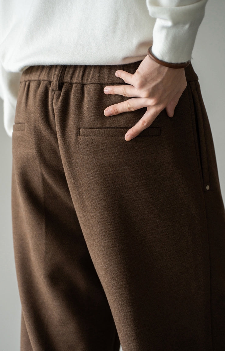 Pleated Woollen Pin Tuck Casual Trousers in Coffee Brown