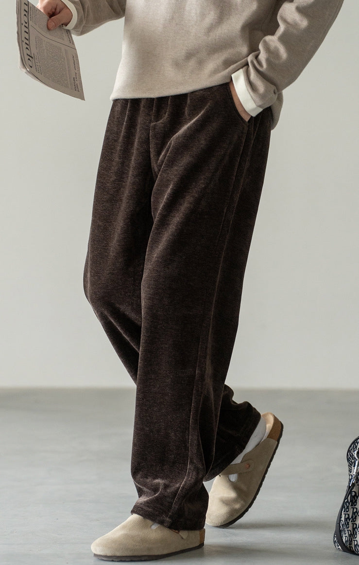 Retro Corduroy Drawstring Wide Leg Casual Pants in Coffee Brown