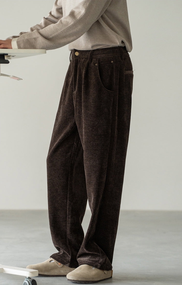 Retro Corduroy Drawstring Wide Leg Casual Pants in Coffee Brown