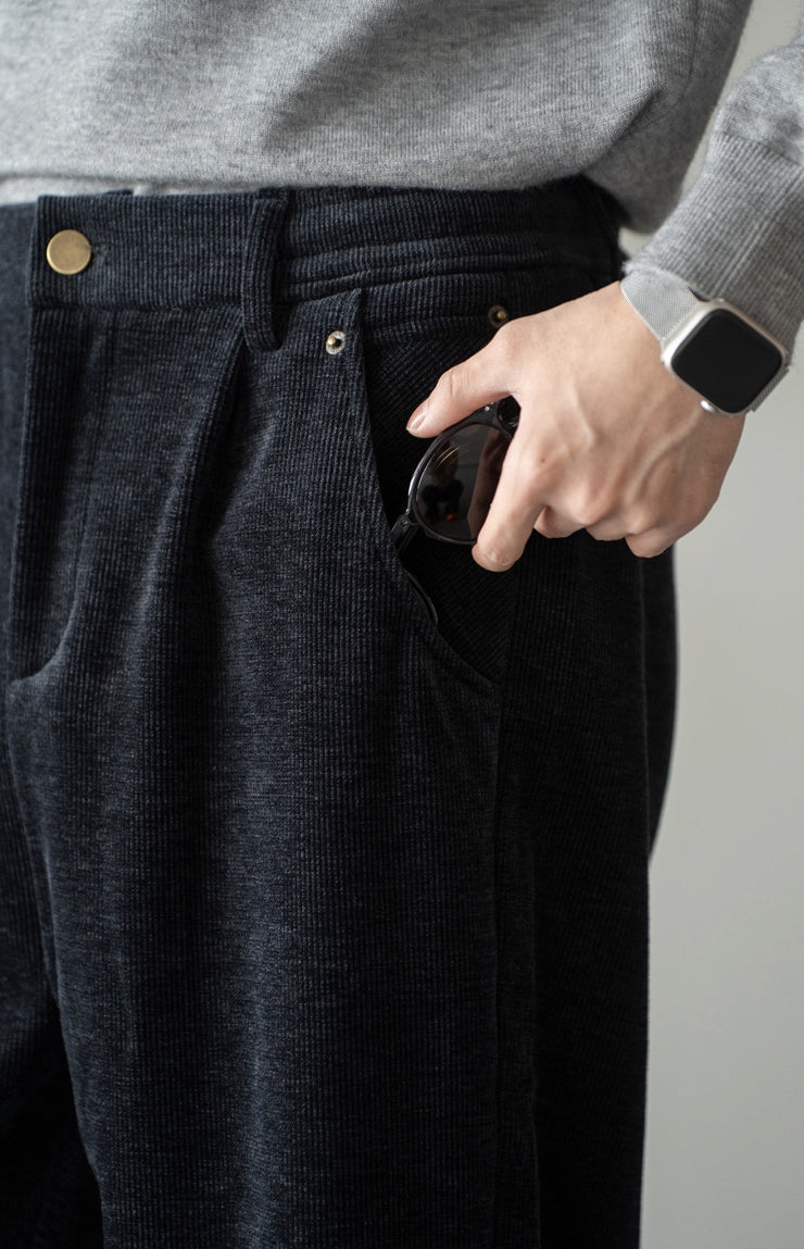 Retro Corduroy Drawstring Wide Leg Casual Pants in Black