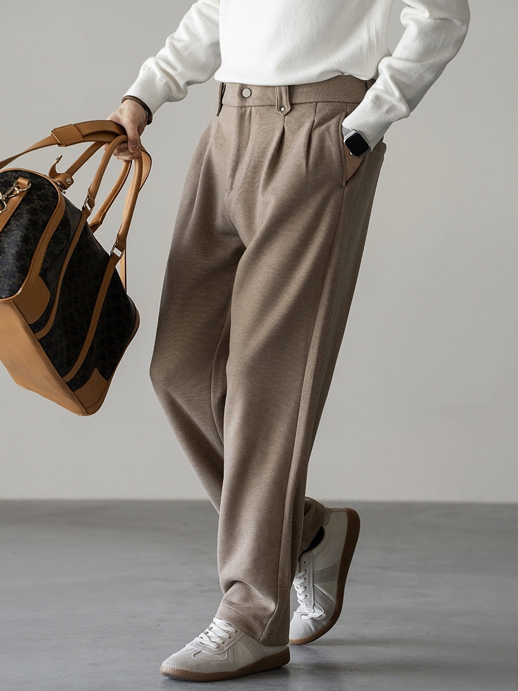 Wool Blend Double Pleated Casual Pants in Khaki