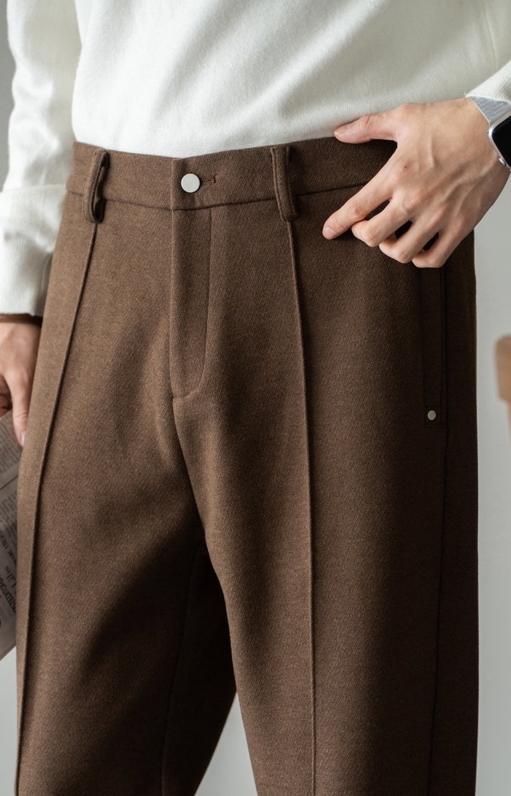 Pleated Woollen Pin Tuck Casual Trousers in Coffee Brown